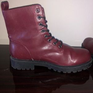 Faux red leather lace up boots